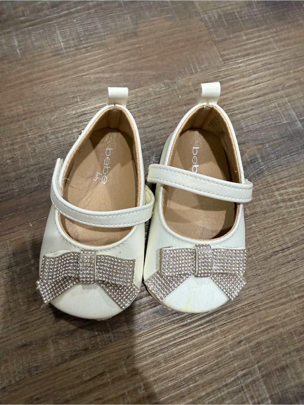 bebe Cream Mary Jane Shoes with Rhinestone Bow Accent